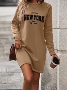 INAWLY 字母印花插肩袖長袖長裙 - 卡其色 - 查看 4