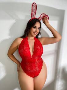 大尺碼蕾絲teddy連體襯衣內衣(連體襯衣,發帶2入裝) - 紅色 - 查看 4