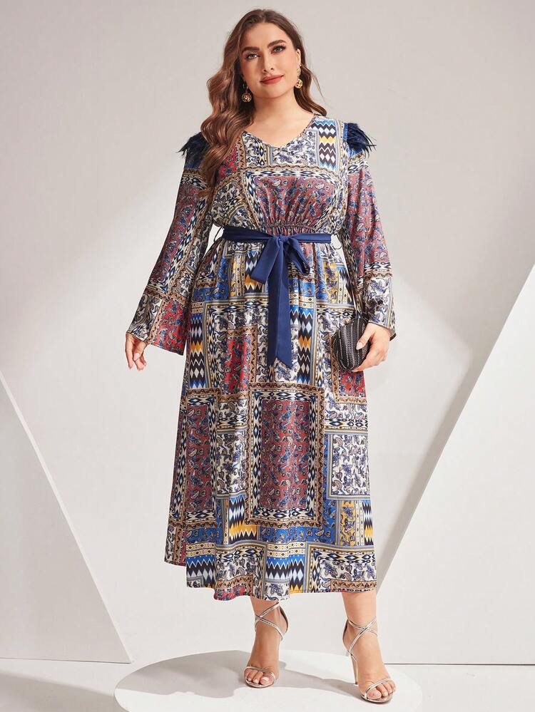 Women's Plus Size Patchwork Belted Dress With Random Printed Pattern Fall Cloth For Women