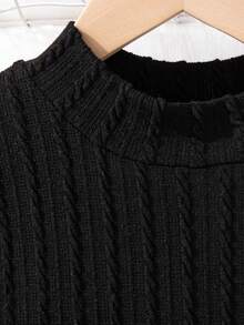 SHEIN Tween Girls' Dệt kim màu trơn cổ áo đứng chắp vá lưới thêu sợi váy tay áo bằng thịt cừu, không bao gồm thắt lưng - màu đen - Xem 5