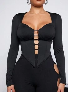 SHEIN SXY Gợi cảm Xu hướng: Cắt giảm Vượt qua Băng bó Thiết kế Tay áo dài Áo thun - màu đen - Xem 5