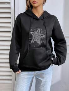 SHEIN Unity Rhinestone Star Pattern Drawstring Hoodie - Black - View 6