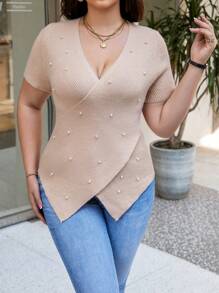 Celure Plus Size Women'S Knit Top With Pearl Embellishment - Apricot - View 3