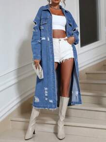 SHEIN BAE Women'S Long Denim Jacket With Distressed Details And Frayed Hem - Light Wash - View 3