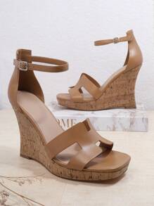 SHUZIA Sandalia De Tacón De Cuña De Color Sólido Simple Para Mujer Con Suela Gruesa - Caqui - Ver 2