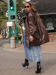 Denimoi 斜口袋荷叶边不对称下摆牛仔半身裙 - 中等水洗藍 - 查看 3