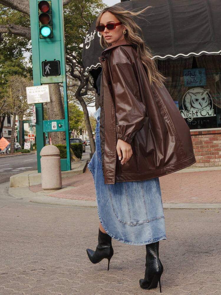 Slant Pocket Ruffle Asymmetrical Hem Denim Skirt