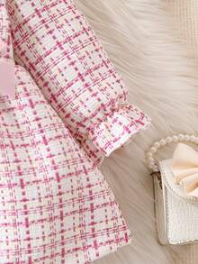SHEIN 2pcs/Set Thick Woolen Cloth Ruffled Collar Ruffle Sleeve Dress And Hat For Baby Girls - Baby Pink - View 6