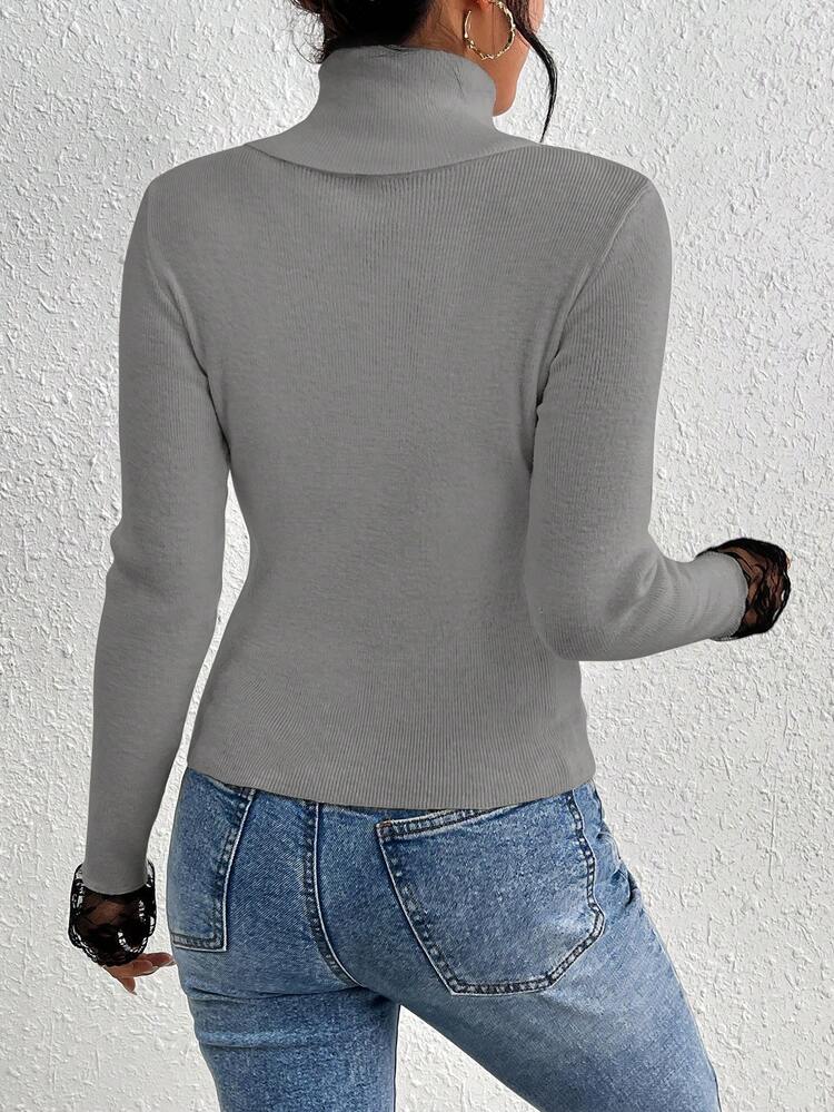 Women's Slim Fit Turtleneck Sweater With Lace Spliced Sleeves Knit Pullover Fall Winter Sweater