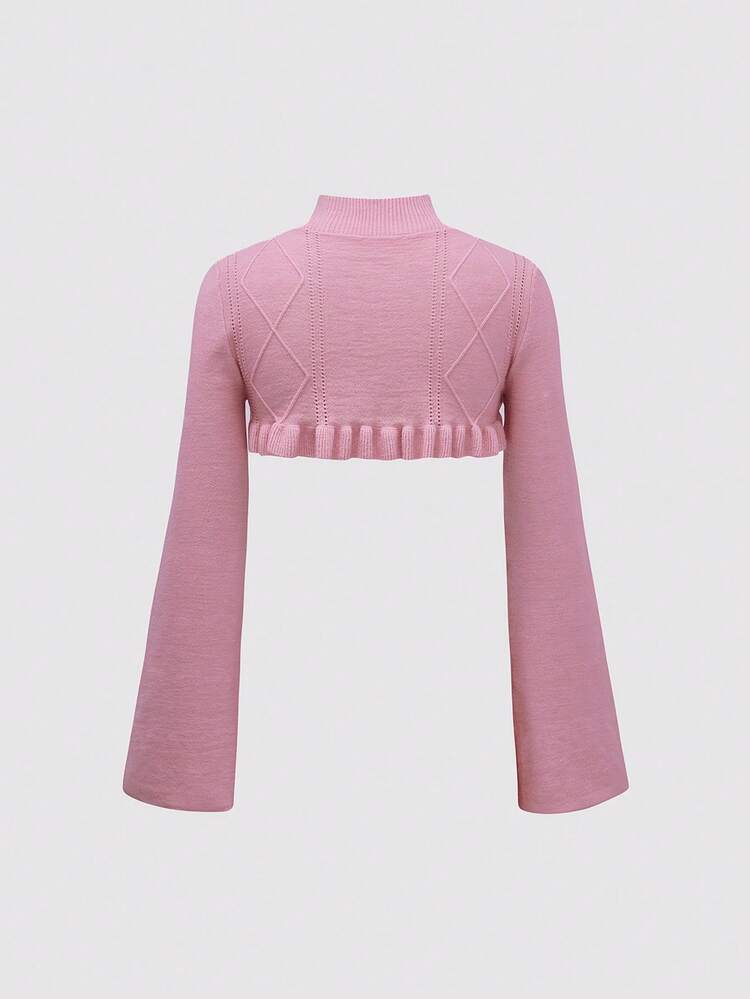 Women's Ultra Cropped Lace Hem Stand Collar Knit Pullover Fall Winter Sweater