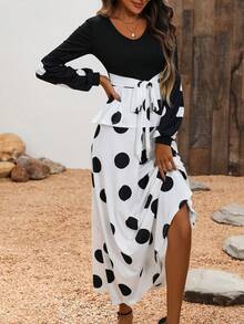 SHEIN LUNE 波點印花燈籠袖束腰帶洋裝 - 黑與白 - 查看 7