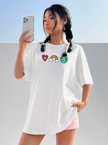 SHEIN Qutie Của phụ nữ Hoạt hình Tim In Áo thun - trắng - Xem 1