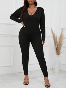 SHEIN CURVE+ Mono De Talla Grande De Manga Larga Con Cuello Redondo - Negro - Ver 6