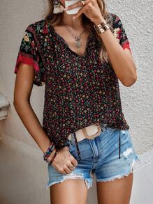 EMERY ROSE Women'S Floral Print Short Sleeve Shirt - Black - View 4