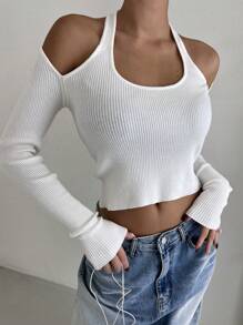 DAZY Women'S Cold-Shoulder Cropped Sweater Fall - White - View 5