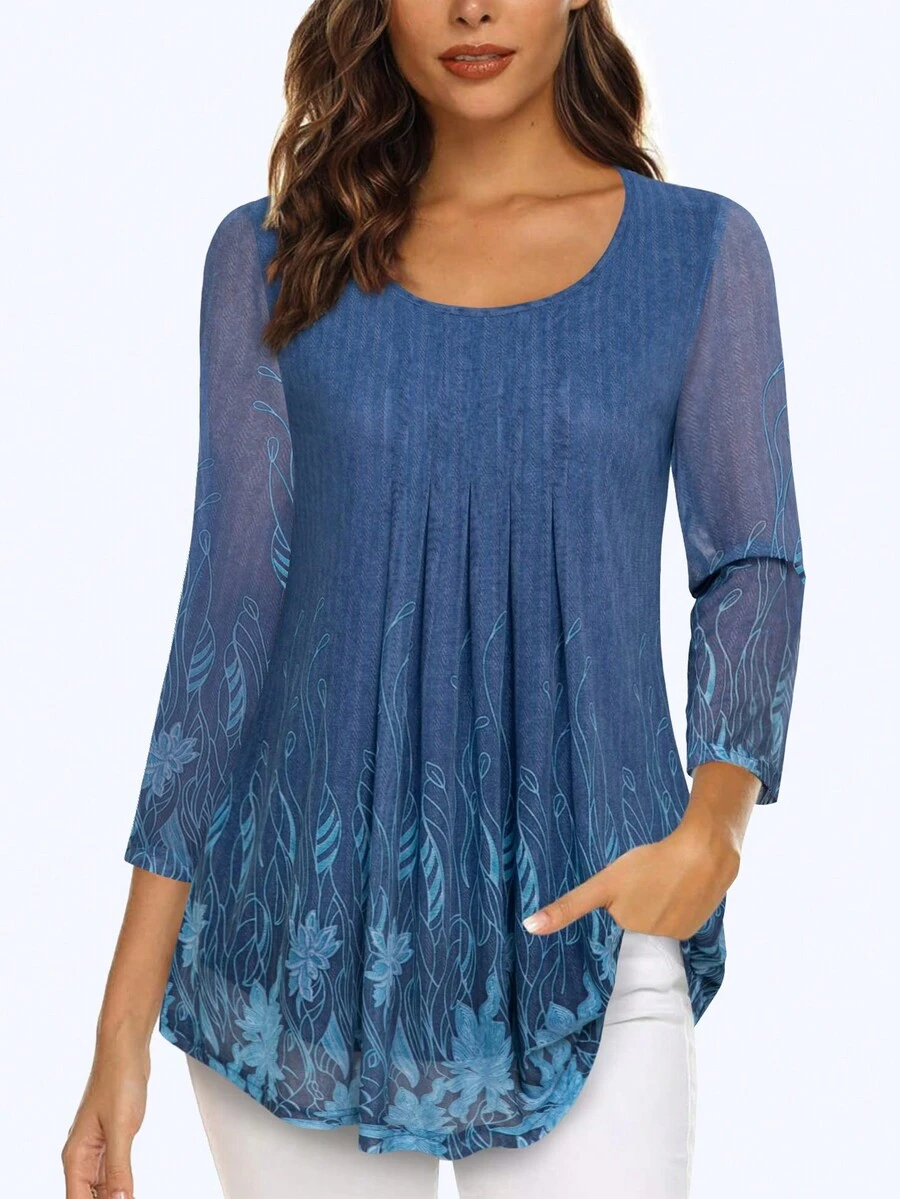 CheersLife 女士休閒三分袖長款上衣,花卉雙層上衣,鬆身褶紋網衫 - 深色水洗藍 - 查看 1