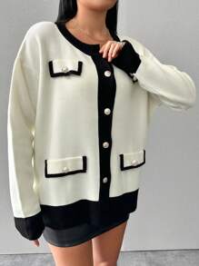 RueChic Plus Size Women's Drop Shoulder Long Sleeve Cardigan With Single Breasted Closure - Black and White - View 3