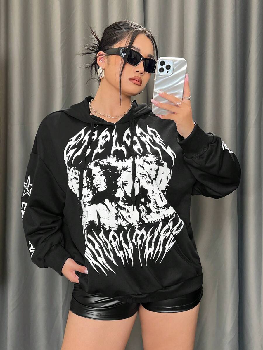 SHEIN ICON 大尺碼字母印花連帽抽繩運動衫 - 黑色 - 查看 1