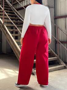 SHEIN EZwear Plus Size Women's Letter Print Cropped Top And Utility Pants Set - Multicolor - View 3