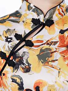 Fikoo Full Floral Print High Slit Side Cheongsam Dress - Yellow - View 6