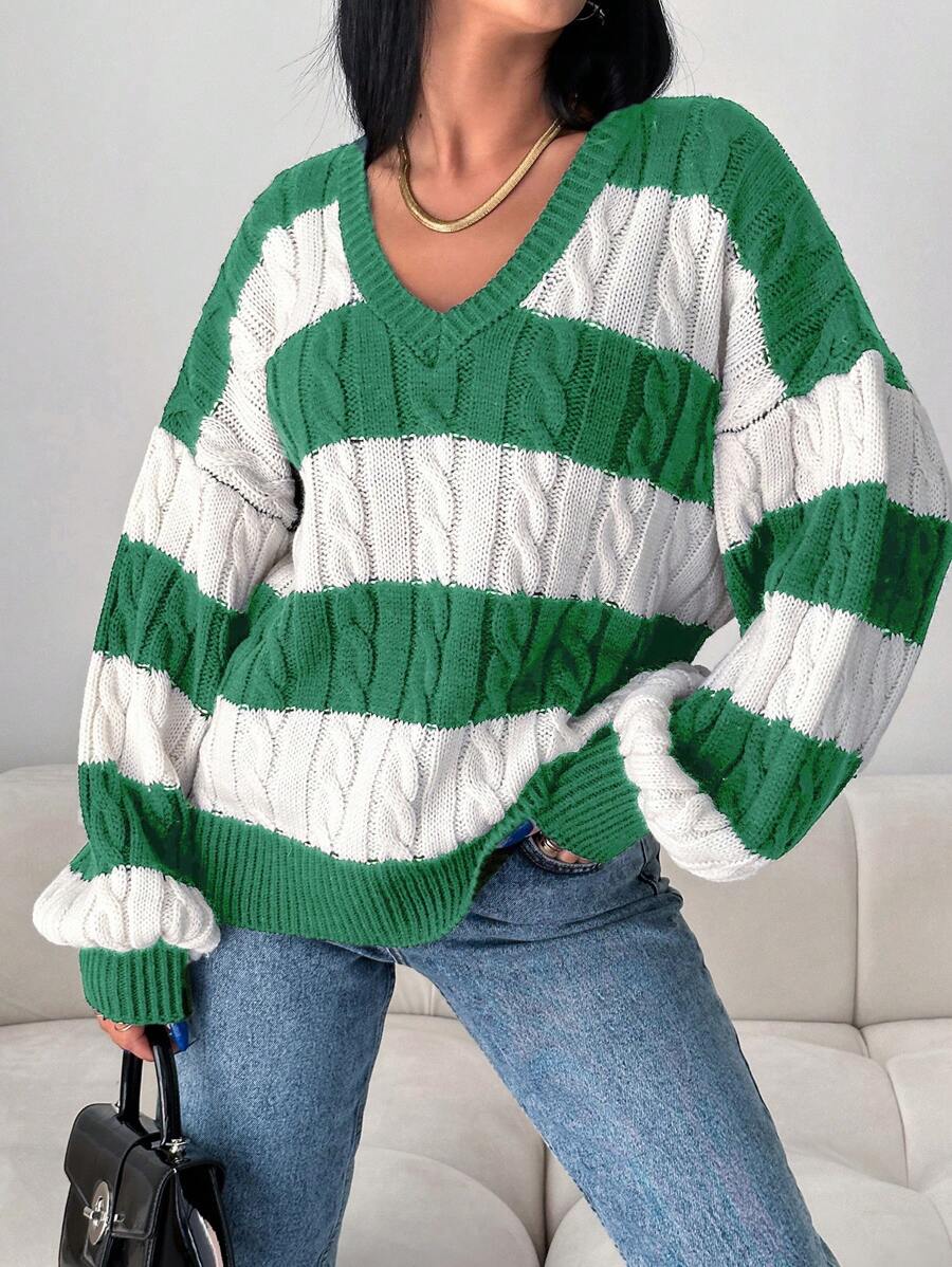 SHEIN Cottnline Women's Striped Colorblock Drop Shoulder Sweater - Green - View 1