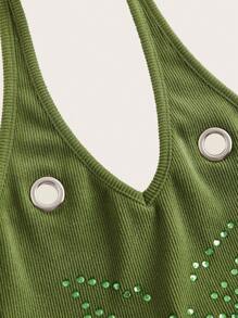 SHEIN EZwear Rhinestone Butterfly Pattern Eyelet Grommet Decorated Halter Top And Bolero - Green - View 6