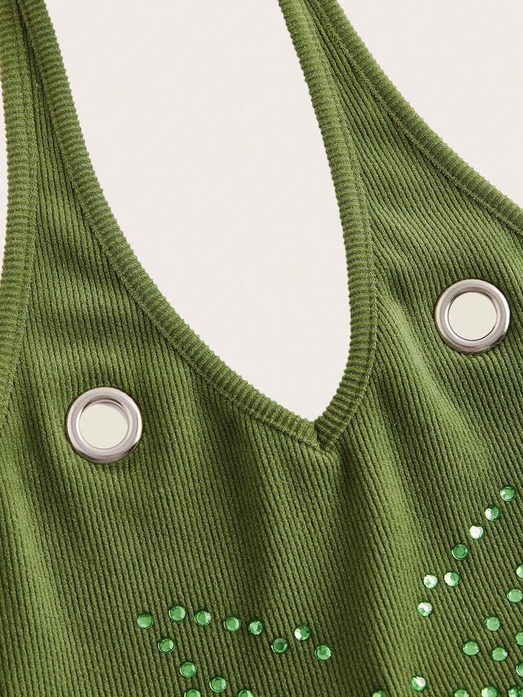 Rhinestone Butterfly Pattern Eyelet Grommet Decorated Halter Top And Bolero