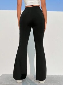 SHEIN EZwear 女式純色彈性腰喇叭褲 - 黑色 - 查看 3