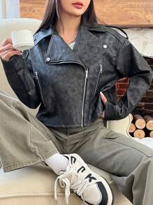 SHEIN EZwear Turn-down Collar Black Leather Jacket With Zipper - Black - View 6