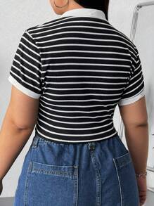 SHEIN EZwear 大尺碼女士條紋拼接白襯衫 - 黑與白 - 查看 2