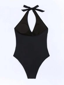 SHEIN Swim 女士露背系带连体泳衣 嘉年华 夏季 - 黑色 - 查看 6