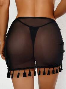 Swim Basics Summer Beach Boho Women's Fringe Decor Cover Up Skirt - Black - View 2