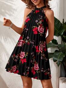 SHEIN VCAY Women'S Holiday Floral Printed Pleated Halter Dress - Black - View 6