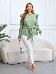 SHEIN Clasi Kích thước lớn Của phụ nữ Viền Ruffle Trang trí Nơ Màu xanh lá Áo sơ mi - màu xanh lá - Xem 4