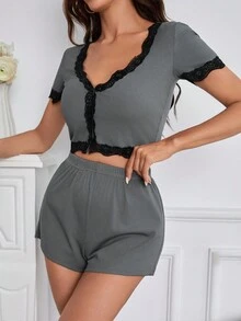 Women'S Lace Patchwork Short Sleeve Top And Shorts Homewear Set - Grey - View 3