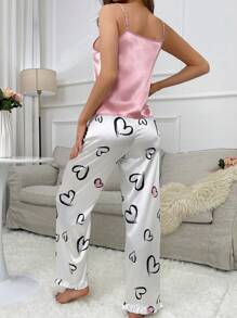 Damen Solider Farbe Ärmelloses Camisole Und Mit Herzdruck Hose Pyjama Set