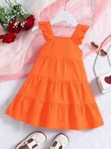SHEIN Young Girl Orange Casual Holiday Chiffon Cake Square Neck Dress