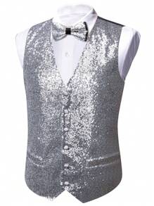 Men's Single-Breasted Glitter Suit Vest - Silver - View 4
