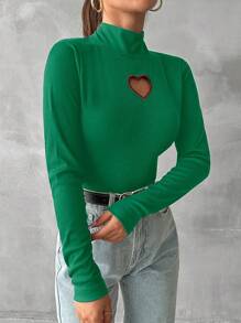 EURMUSE Heart Cut Out Mock Neck Tee - Army Green - View 4