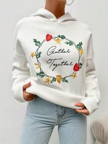 RueChic Women's Printed White Hooded Sweatshirt