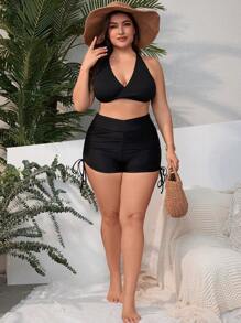 SHEIN Swim Curve Kích thước lớn Bên dây rút Sọc Quần Shorts  bơi - màu đen - Xem 3
