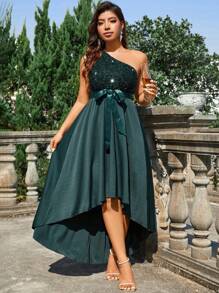 SHEIN Belle 大尺碼女士一字肩拼接亮片腰帶連衣裙 - 墨綠色 - 查看 1