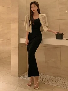 DAZY 女士纯色修身吊带连衣裙优雅夏日连衣裙鸡尾酒裙 - 黑色 - 查看 3