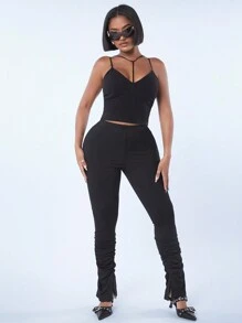 SHEIN 女用背部 V 型開衩折打底褲 - 黑色 - 查看 3