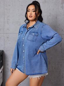 SHEIN EZwear 大尺碼落肩牛仔上衣 - 淺色水洗藍 - 查看 1