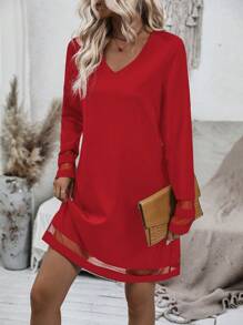 SHEIN LUNE 女士網格拼接長袖裙 - 紅色 - 查看 4