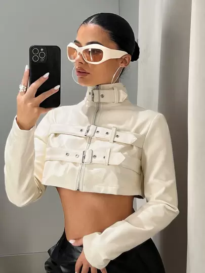 SHEIN ICON Top de mujer con cuello alto, decorado con cinturón de piel sintética, chaqueta casual de mujer con botones, bolsillo, cierre, manga regular, corte regular, color beige liso, para uso casual diario en primavera/otoño