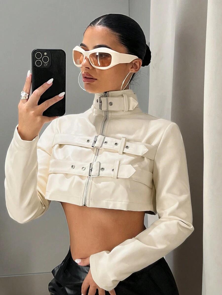 SHEIN ICON 女式短立领 PU 皮革上衣配腰带装饰，女士休闲纽扣、口袋、拉链常规袖常规版型米色纯色女式夹克，春季/秋季，休闲日常穿着 - 米色 - 查看 1