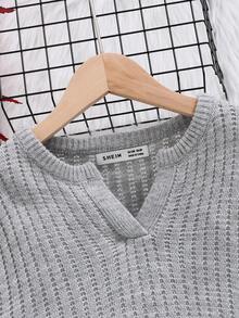 SHEIN Tween Girls長袖寬鬆落肩圓領套頭毛衣,運動風格 - 灰色 - 查看 5