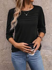 SHEIN LUNE 圓領長袖休閒t恤 - 黑色 - 查看 4